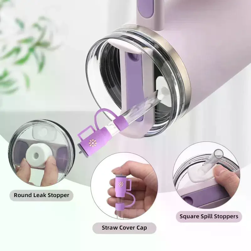6PCS Accessories Set For Cup Purple 30oz 40oz Tumbler Silicone Straw Topper Cover Cap Boot Handle Charm Initials Sticker