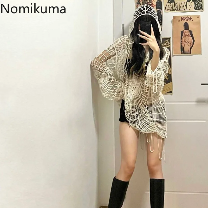 Nomikuma Veste Femme Spring Autumn Hooded Irregular Hole Hollow Out Jackets for Women 2022 Harajuku Punk Style Street Coat Women