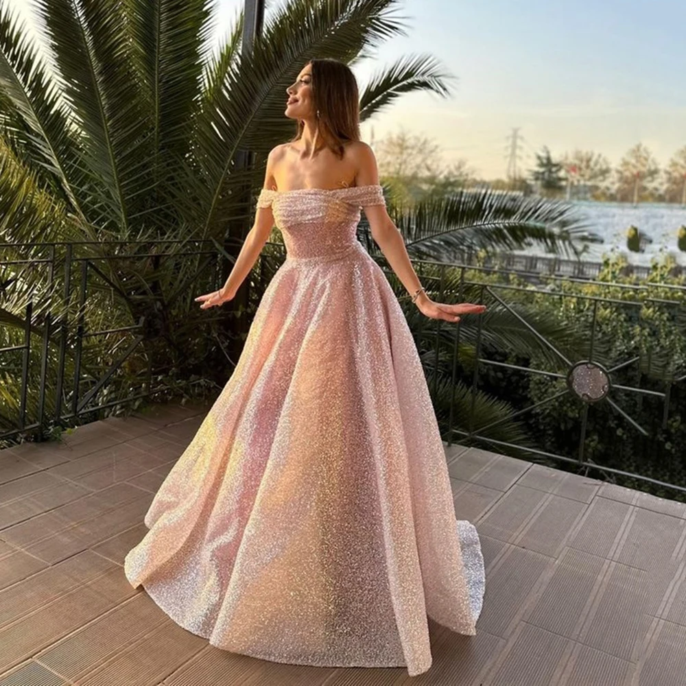 

Msikoods Pink Glitter Shiny Prom Dresses Sequins Princess Party Gowns Off The Shoulder Celebrity Dresses Vestido De Noche