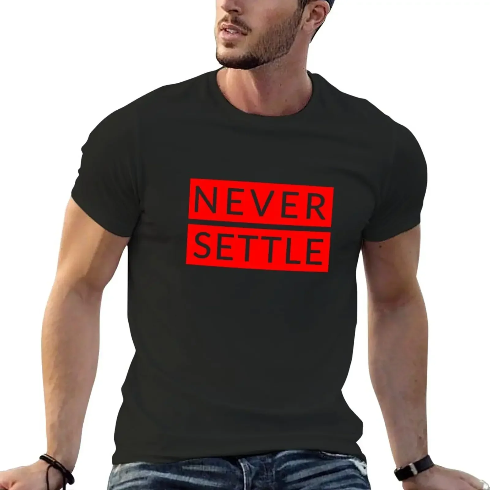 harajuku men's t-shirts Never Settle OnePlus Red T-Shirt heavyweight t shirts customized custom t shirt Short sleeve tee men2024