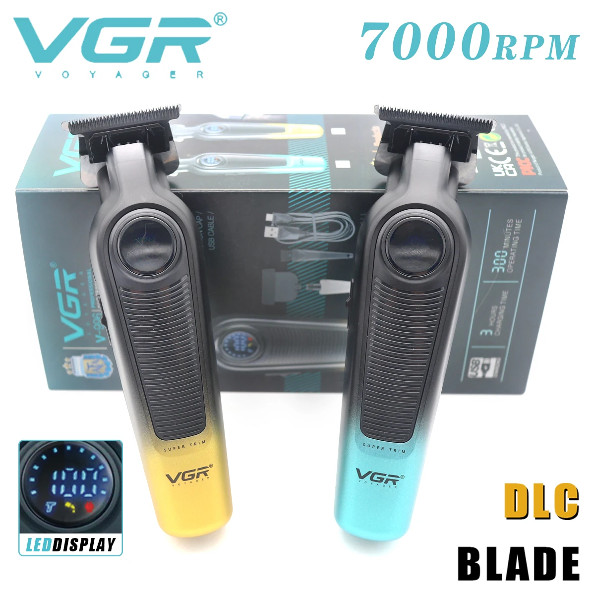

Men's Hair Clipper with DLC Blade, LED Display, 7000 RPM Professional Hair Trimmer VGR V-996 Barber Haircut Machine