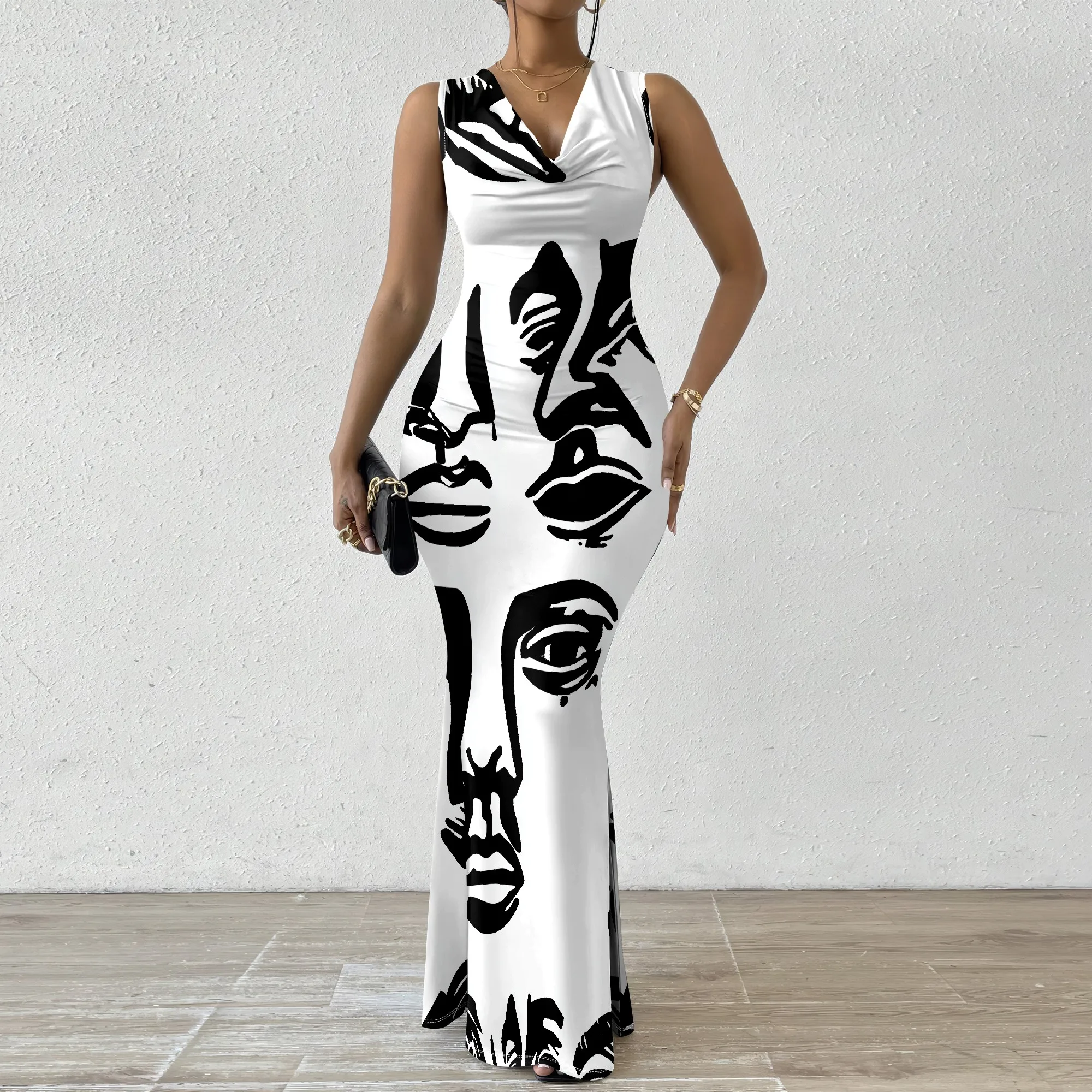 

Elegant Women's V-Neck Sleeveless Maxi Dress Abstract Face Print Formal Party Gown XS-2XL