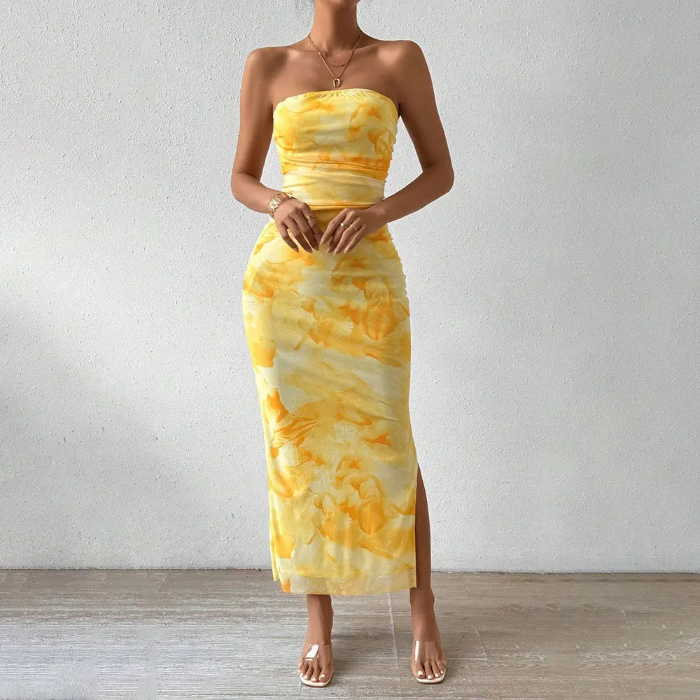 

2025 Spring Summer Women's Off The Shoulder Dress Mesh Print Dress High Waist Slimming Open Split Bustier Body Hugging Dress