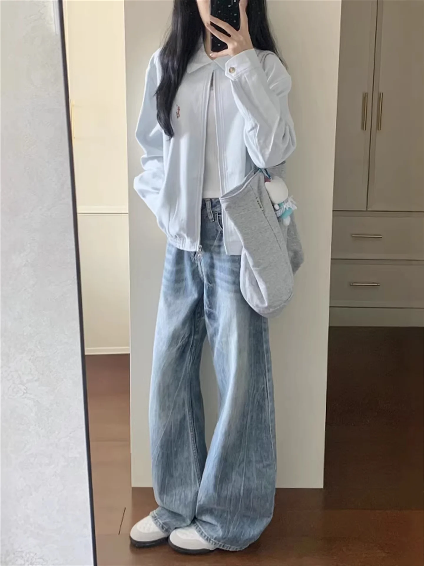 

Retro Blue Low Waist Wide Leg Jeans Women's Loose Slimming Drapey Straight Floor-Length Pants High Waist Extended Length