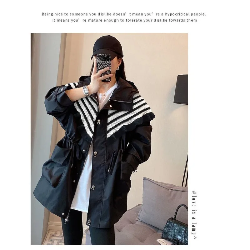 Streak Mid-length Coat Female Western Style Waist in Flounce Jacket Spring and Autumn New Fashion Hooded Loose coat