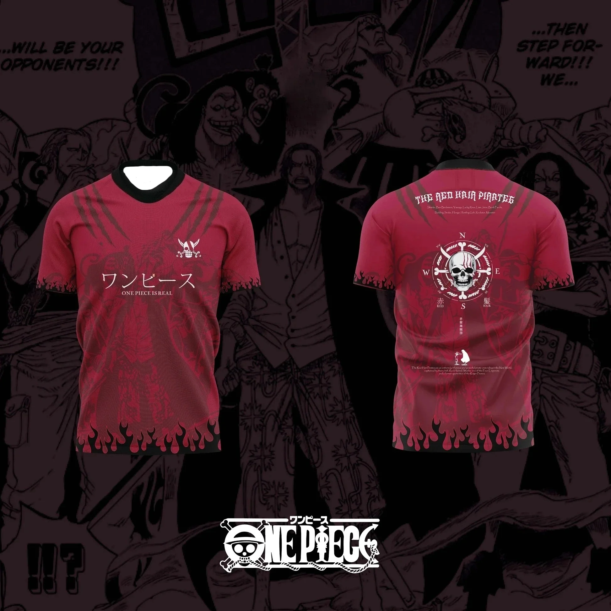 Bandai 2026 One Piece Anime THE RED HAIR PIRATES Football Shirt Summer Sports and Leisure Quick Drying T-shirt Family Matching