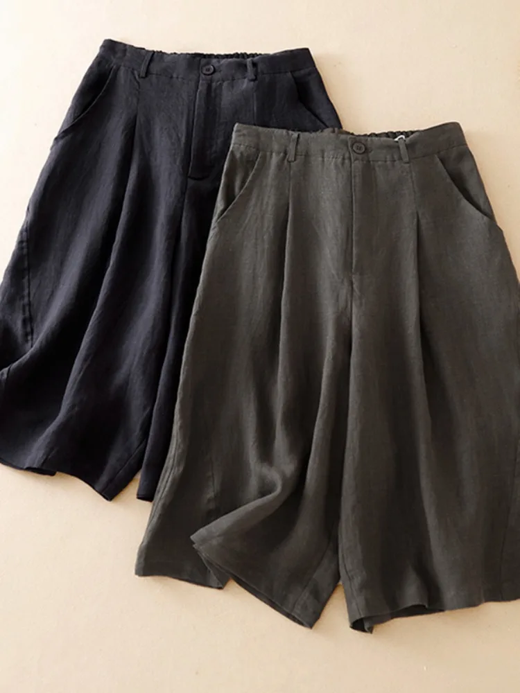 Elegant Grey Linen Suit Shorts Women Summer Casual High Waist Straight Leg Cotton Linen Wide Leg Pants Comfortable Breathable