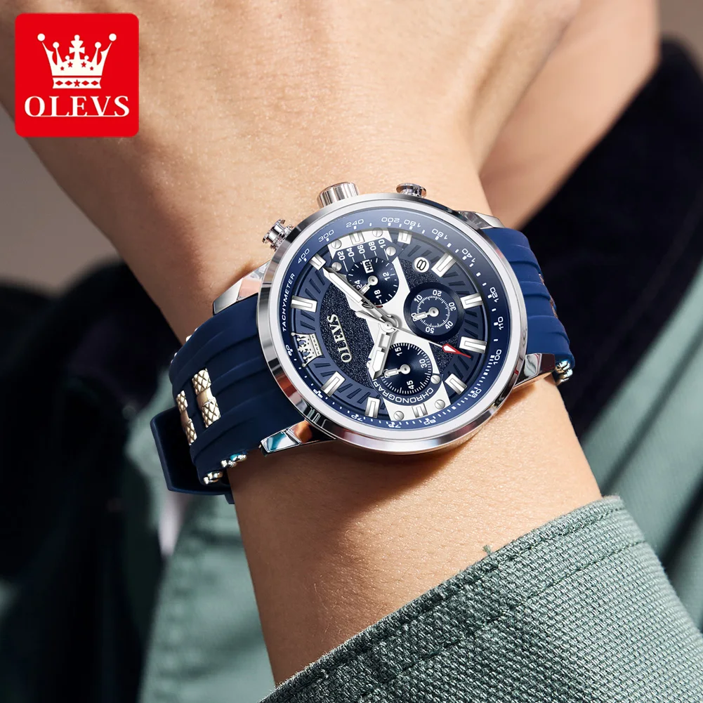 OLEVS Men's Watches Top Brand Classic Fashion Original Quartz Watch for Man Waterproof Luminous Date Chronograph Silicone Strap