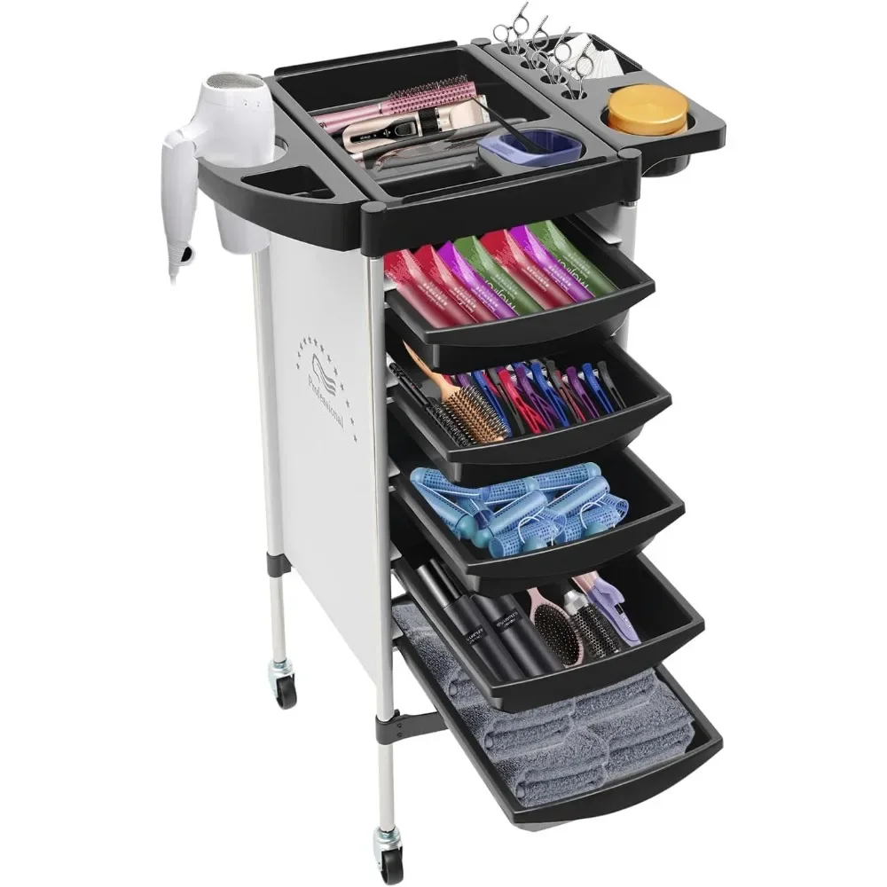 6 Levels Hairdressing Trolley Salon Trolley with 5 Extendable Drawers for Stylist Hairdresser Hair Styling Spa (White)