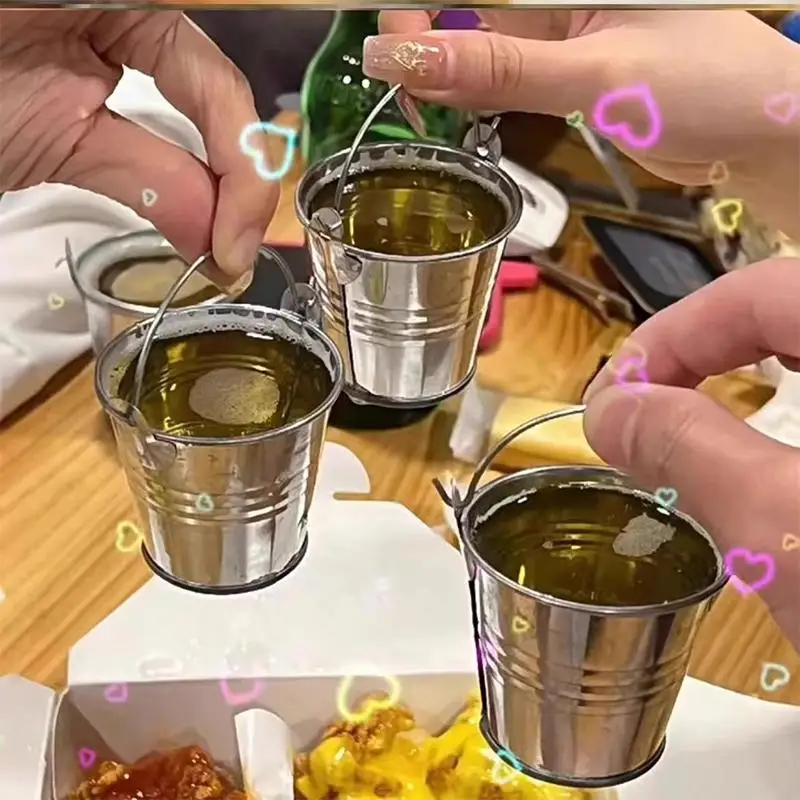 1/3Pcs Gathering With Handle Bucket Glass Reusable Portable Mini Bucket Cup Leak Prevention Metal Drinking Cup Party