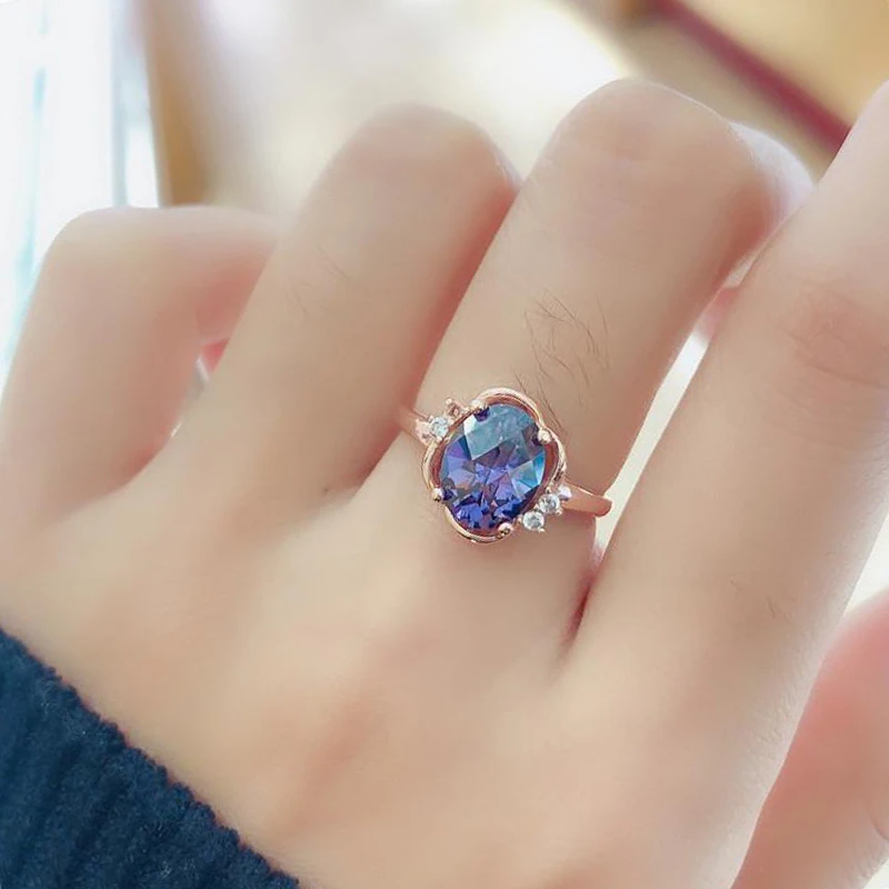 

585 Purple Gold Plated 14K Rose Gold Inlaid Crystal Sapphire Rings For Women Open Charm Exquisite Wedding Party Jewelry