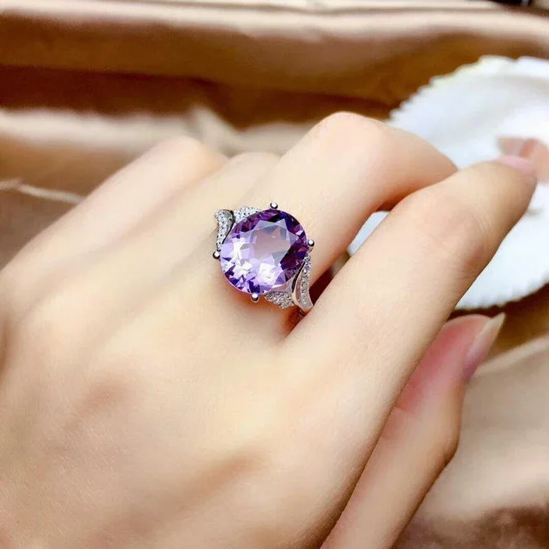 Original design diamond amethyst ladies ring oval cut surface adjustable sparkling light luxury charm silver jewelry