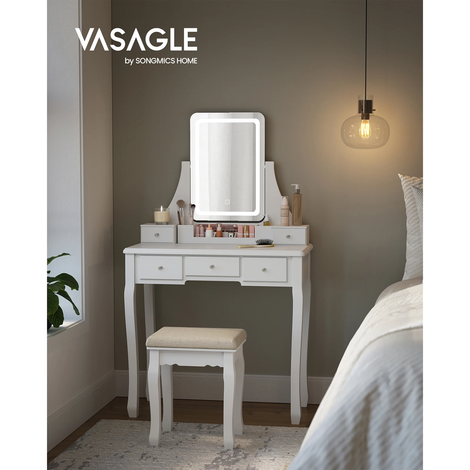 VASAGLE Vanity Set with 3-Color LED Lights, 360° Rotating Mirror, Padded Stool, 5 Drawers, Removable Organizer, White