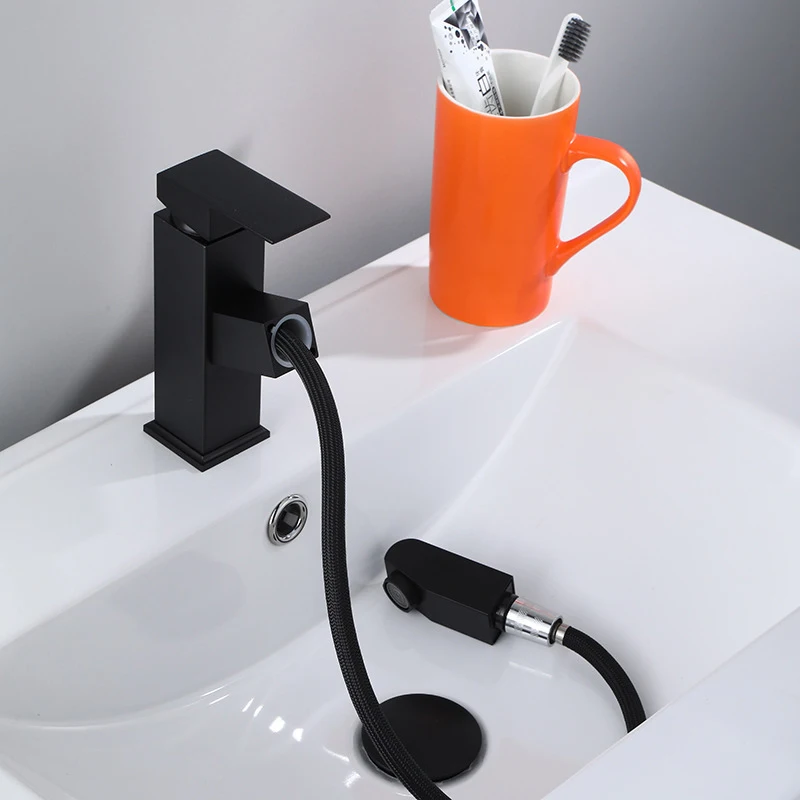 Pull Out Bathroom Basin Sink Faucet Hot Cold Water Mixer Tap Black Tall Faucet Crane with Spray Nozzle Stream Head Washbasin Tap