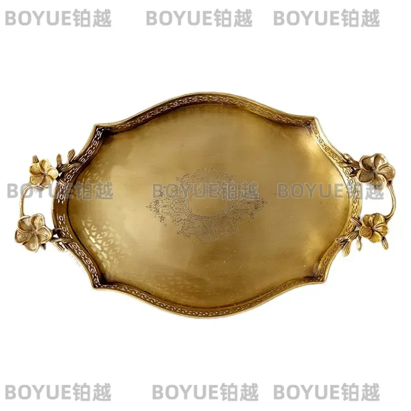 Vintage Brass Fruit Plate Luxury Copper Serving Tray Decorative Home Floral Butterfly Handle Large Table Centerpiece