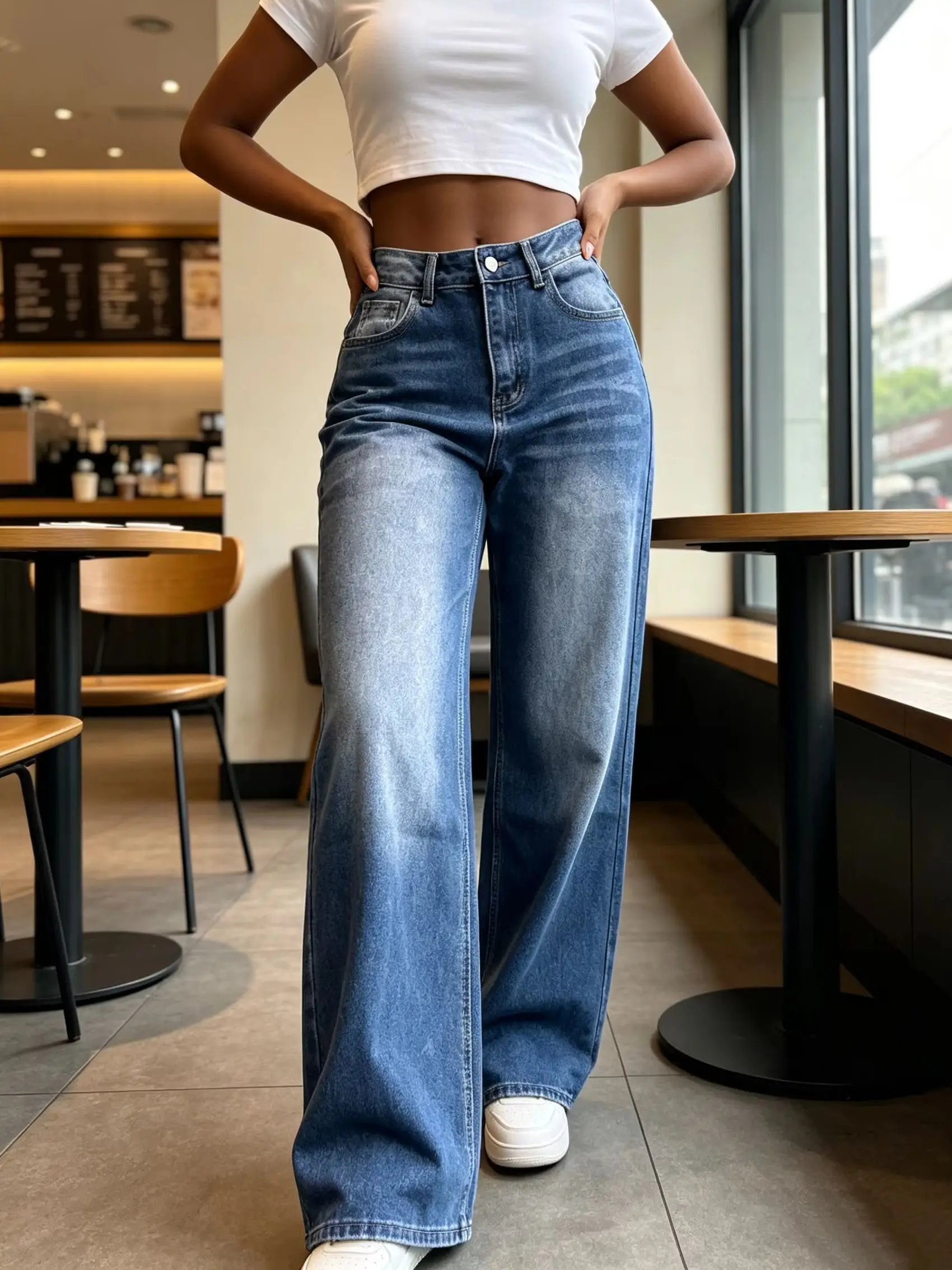 Spring Autumn Medium Blue High Waist Wide Leg Jeans Women Simple Versatile Loose Draping Tall Look Straight Long Pants