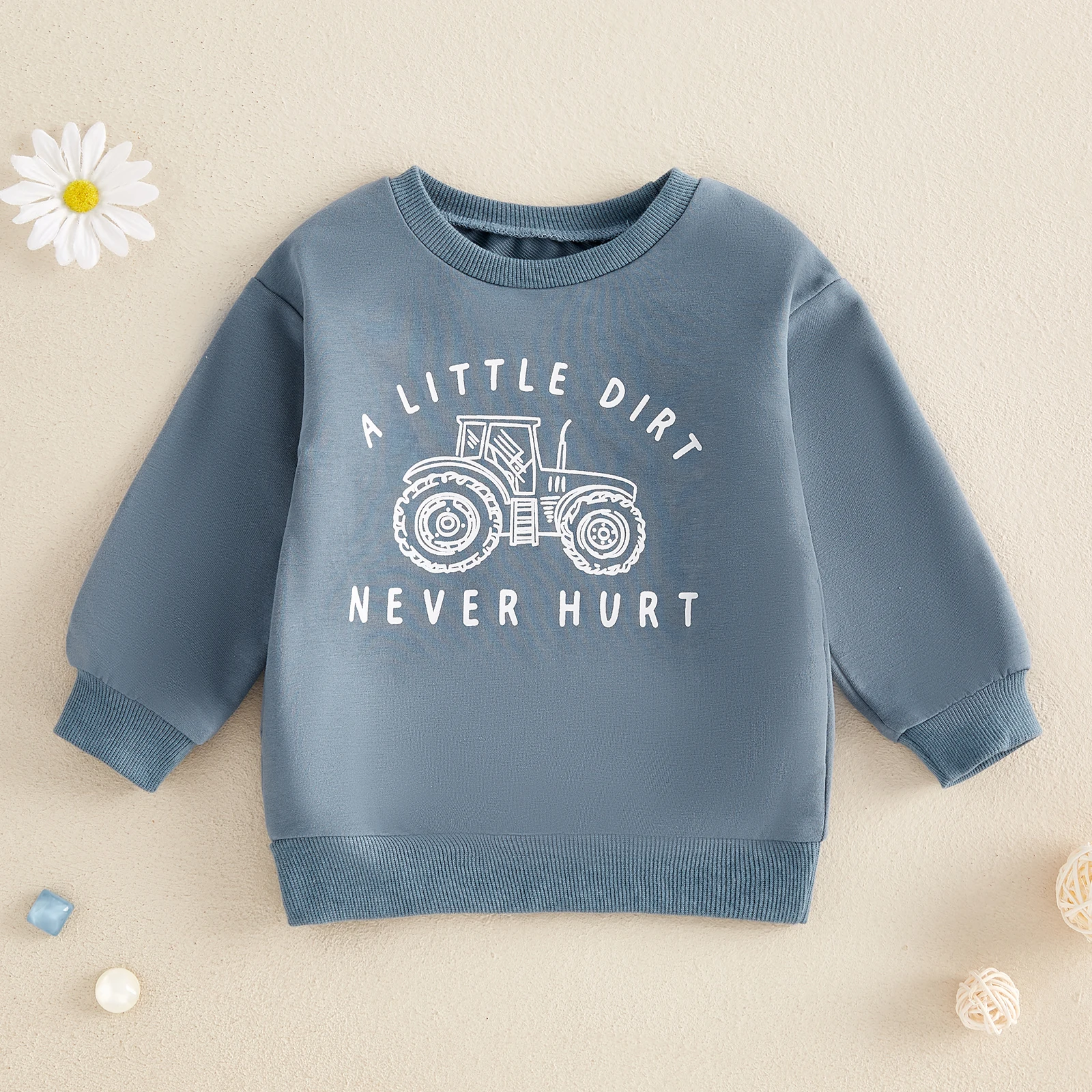 Cute Cartoon Letter Tractor Print Children Sweatshirt Autumn Winter Casual Long Sleeve Loose Pullover Top for Girls Boys Clothes