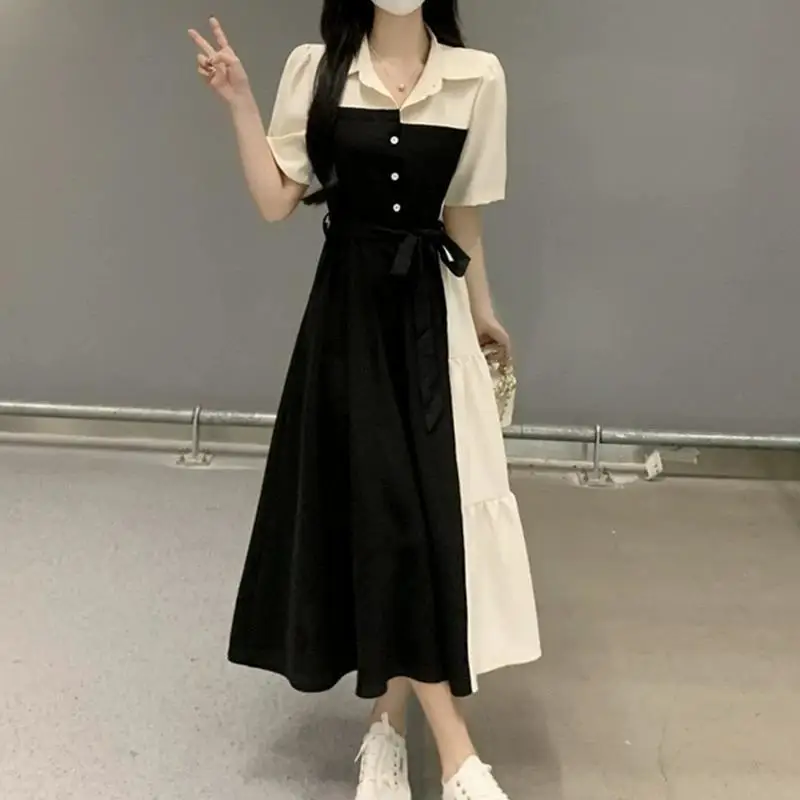 2024 New Summer Sweet and Fresh Academy Style Flip Collar with Dead Waist Tie and Waist Wrap Long Short Sleeve Oversize Dress