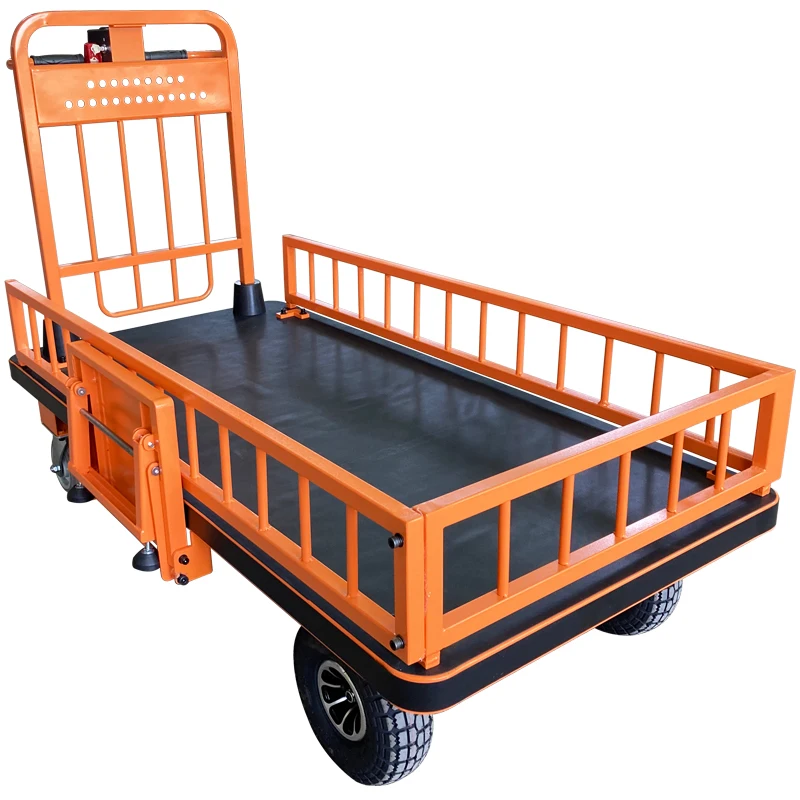 Heavy Duty Electric Warehouse Truck 500kg Four Wheel PU Steel Platform Wooden Shopping Storage Trolley Tools