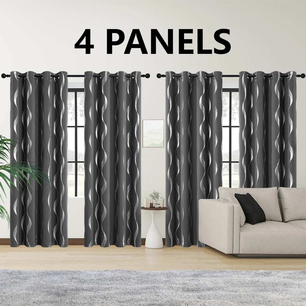 

4PCS Blackout Curtains Grommet Thermal Insulated Room Darkening With Wave Foil Printed For Bedroom