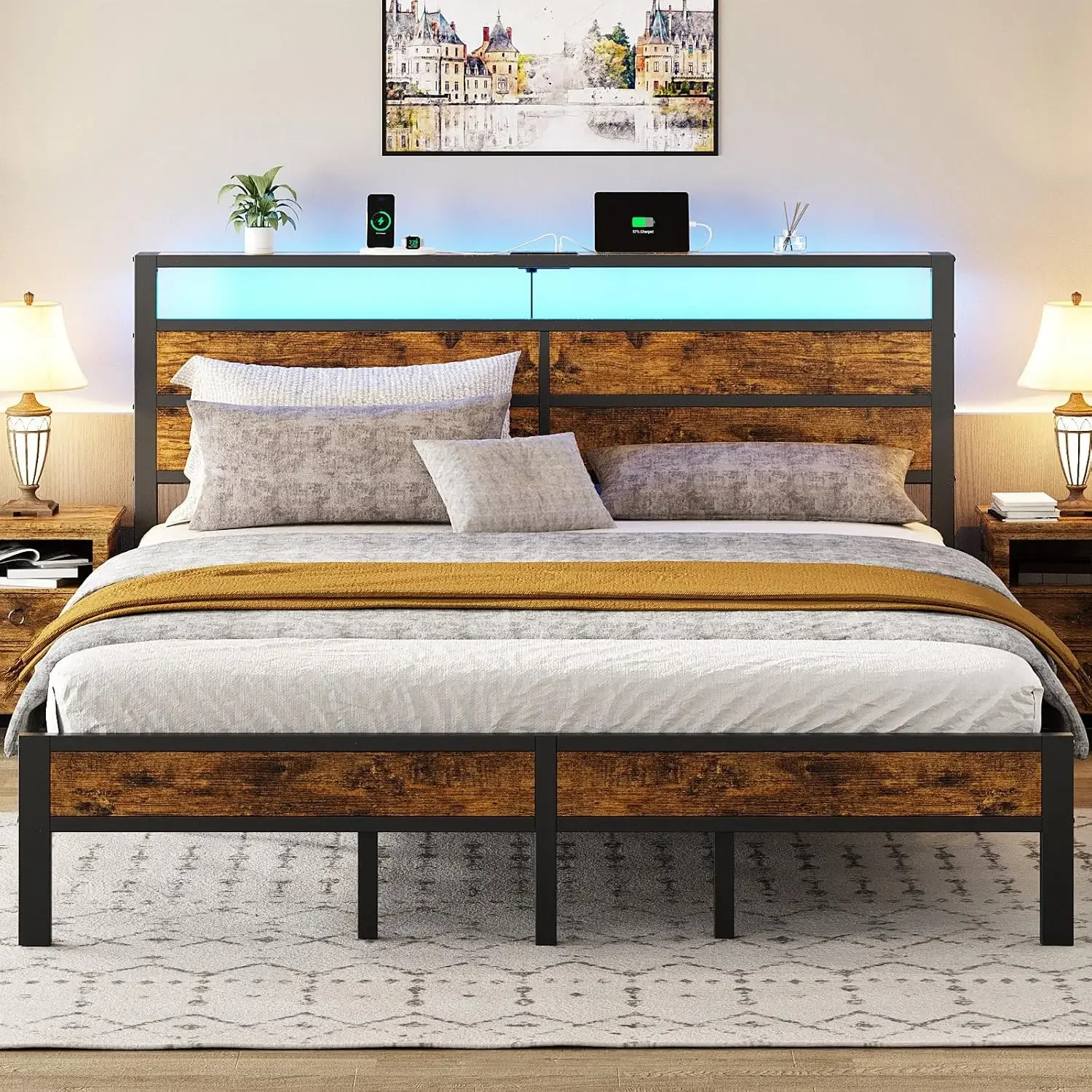 King Size Bed Frame with Storage Headboard, LED Lights USB C Charging Station, Heavy Duty Metal Platform, No Box Spring