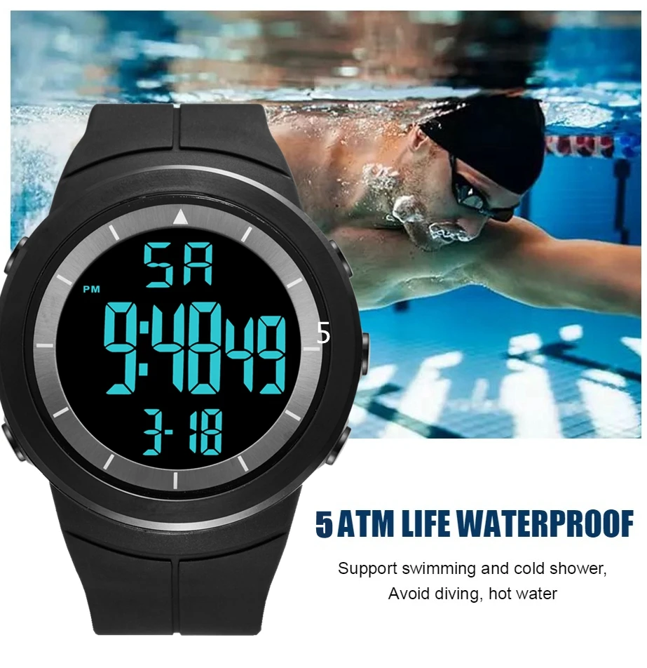 Relojes digitales para hombre, reloj de pulsera táctico de buceo, esfera grande, resistente al agua, electrónico, Led, militar, alarma, cronómetro, negro, 50M