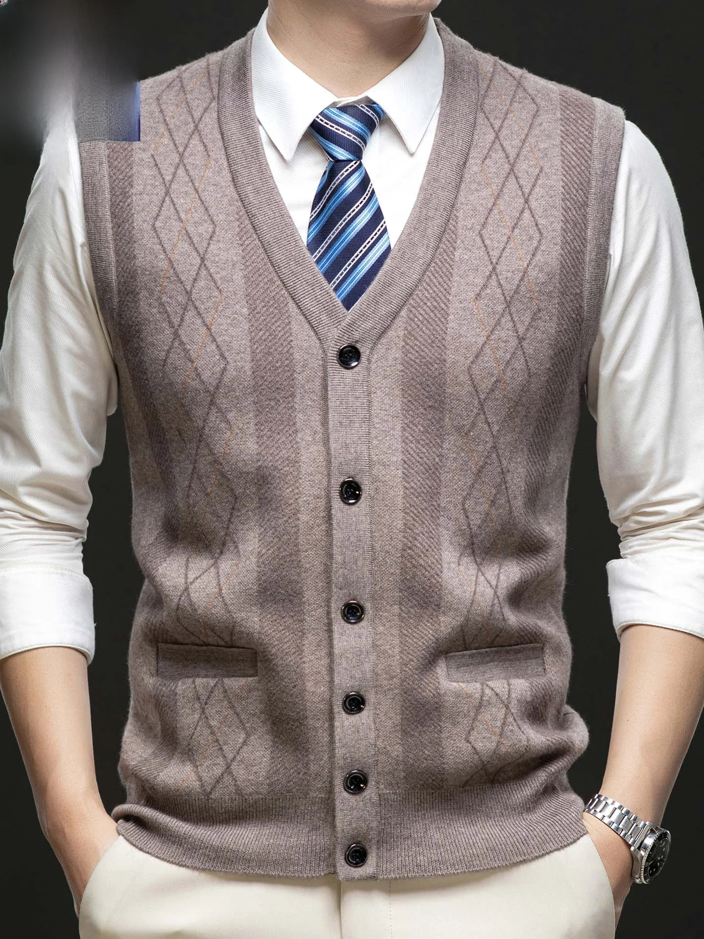 

Мужской вязаный жилет из чистой шерсти Thiened, осенне-зимний, с V-образным вырезом, повседневный, свободного кроя, в стиле «папин свитер»