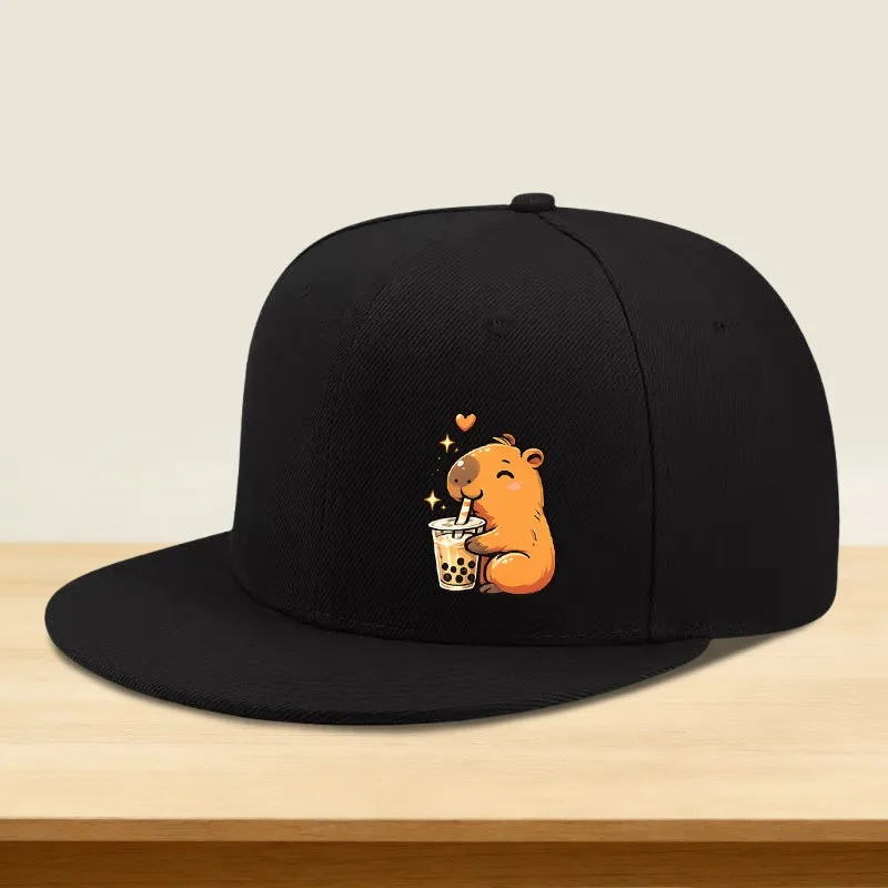 Cute Capybara Drinking Bubble Tea Flat Brim Baseball Cap Unisex Outdoor Casual Gift