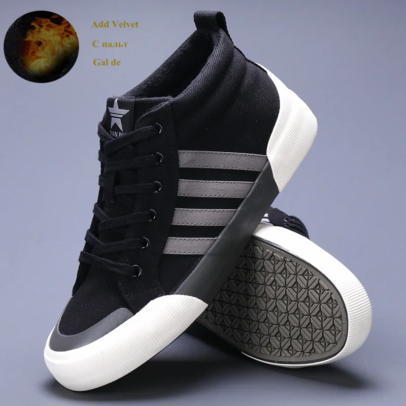 

Winter Plush Canvas Sneakers Man Classic Black High Top Casual Shoes Men Comfortable Warm Men's Vulcanize Shoes Zapatos De Lona