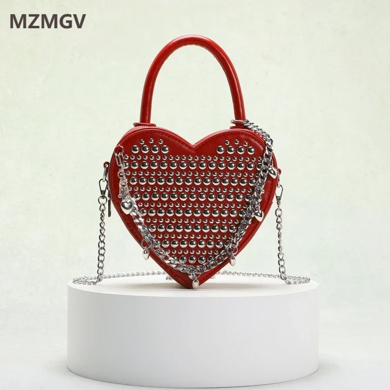 

Meet You Punk Style Double-rivet Design Heart Shaped Handabag Y2K Spice Girl Chain Crossbody Bag 2025 New Arrivals Woman Bag