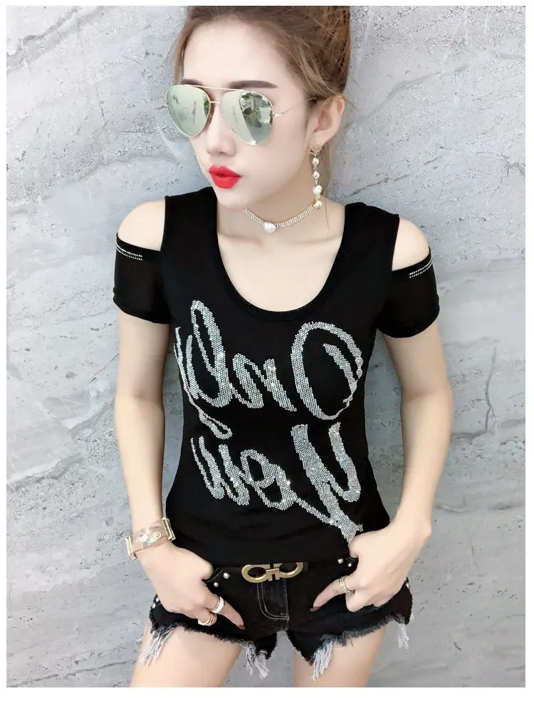 T-shirt amincissant pour femme, haut en maille diamantée, chemise sexy, artisanat de mode polyvalent, station européenne, désactivé, nouveau