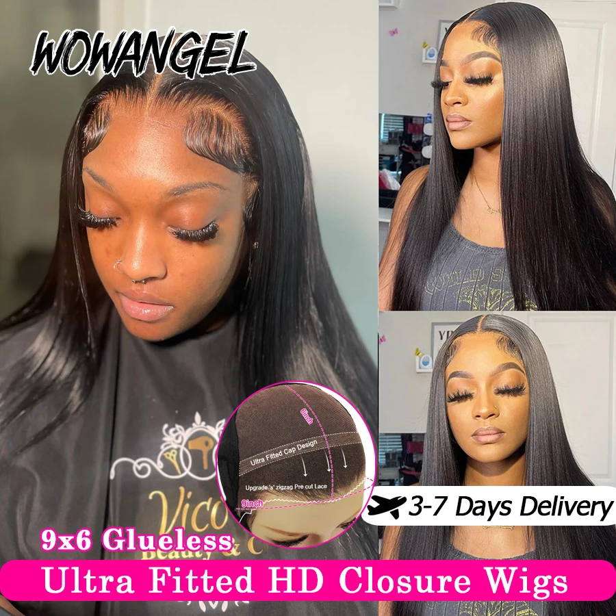 WowAngel Pre Cut Ultra Fitted 9x6 HD Lace Closure Glueless Wigs Ready To Wear Human Hair Wigs Straight Melt Skins For Women Wigs