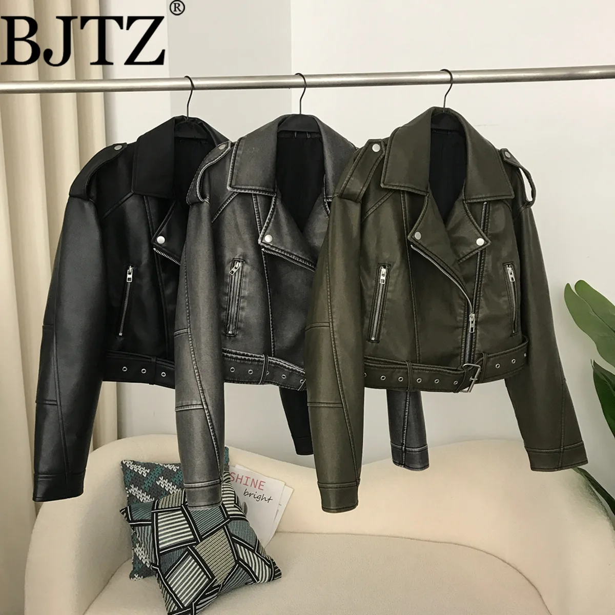 

BJTZ женская весенне-осенняя новая стильная короткая куртка с отложным воротником, мотоциклетная модная повседневная тонкая кожаная куртка
