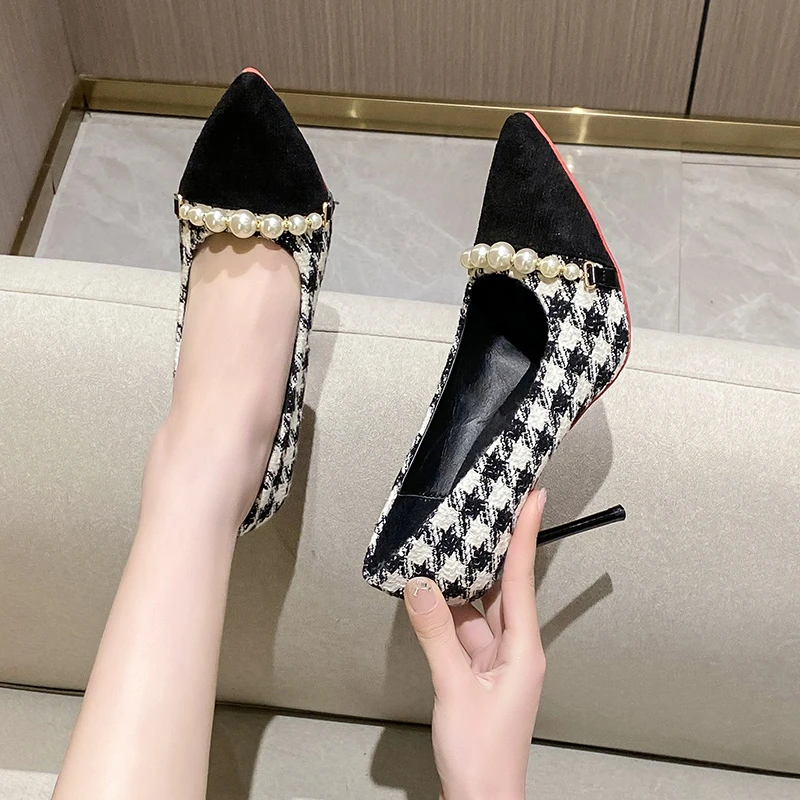 

New Women Black High Heels Shoes Houndstooth Pumps Black Toe Costume Tweed Boat Shoes Pearls Designer Shoes Dress Work Shoes