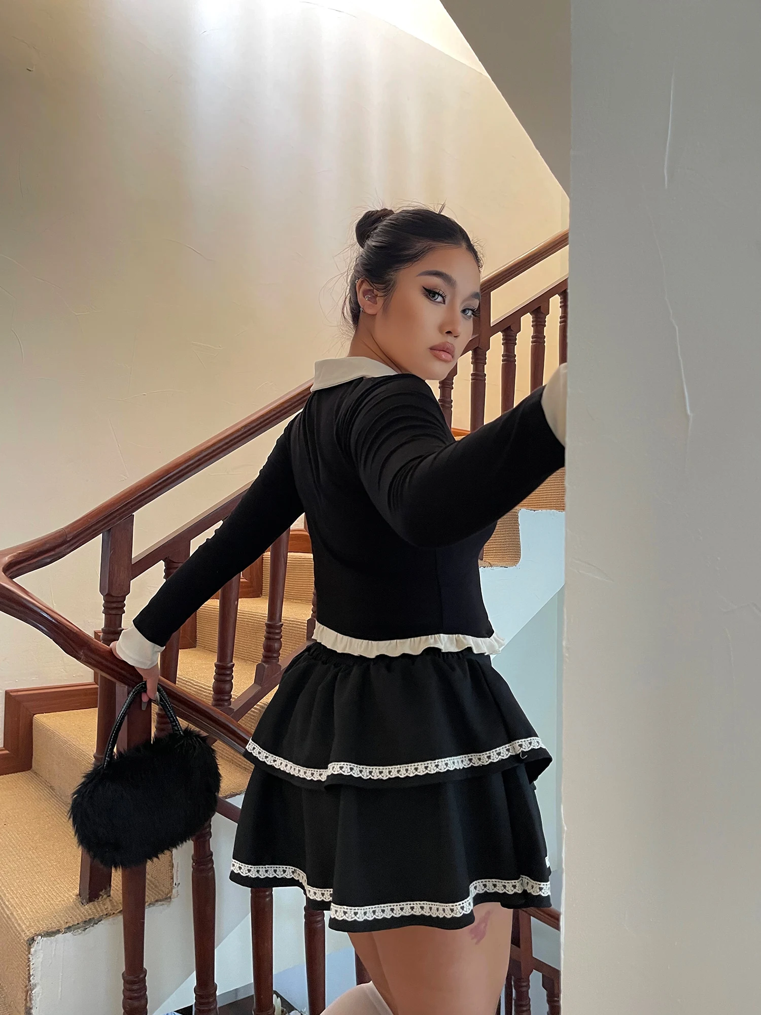 Large Size Classic Fashion Bow Cute Brooch Sweet Girl Short Top New Retro A-line High Waist Simple Lace Versatile Cake Skirt