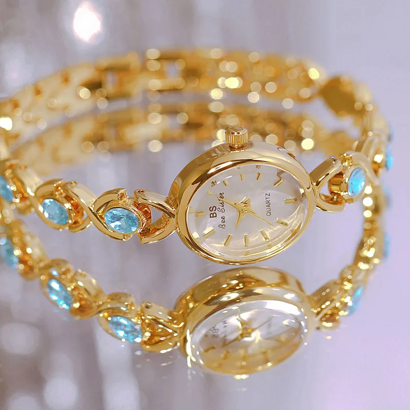 New Oval Dial Glacier Sapphire Rhinestone Small Dial for Ladies, Elegant Gold Bracelet, Waterproof Watch for Holiday Gifts