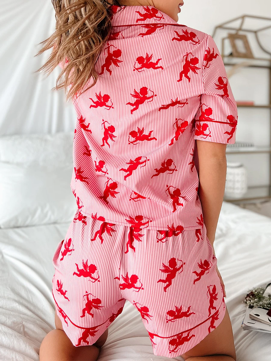 Женский пижамный комплект с принтом ангела, топ с короткими рукавами и шортами, одежда для сна, домашняя одежда