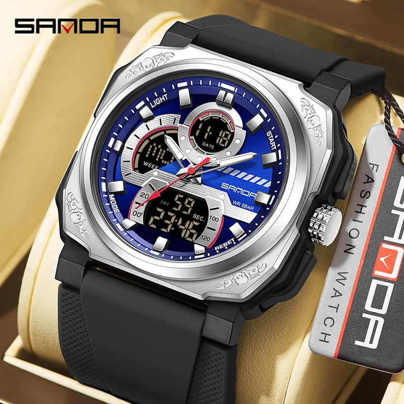 SANDA 3356 Military Men Digital Sports Watches Waterproof Electronic Quartz Wristwatch Mens Clock Orologio da uomo G Style