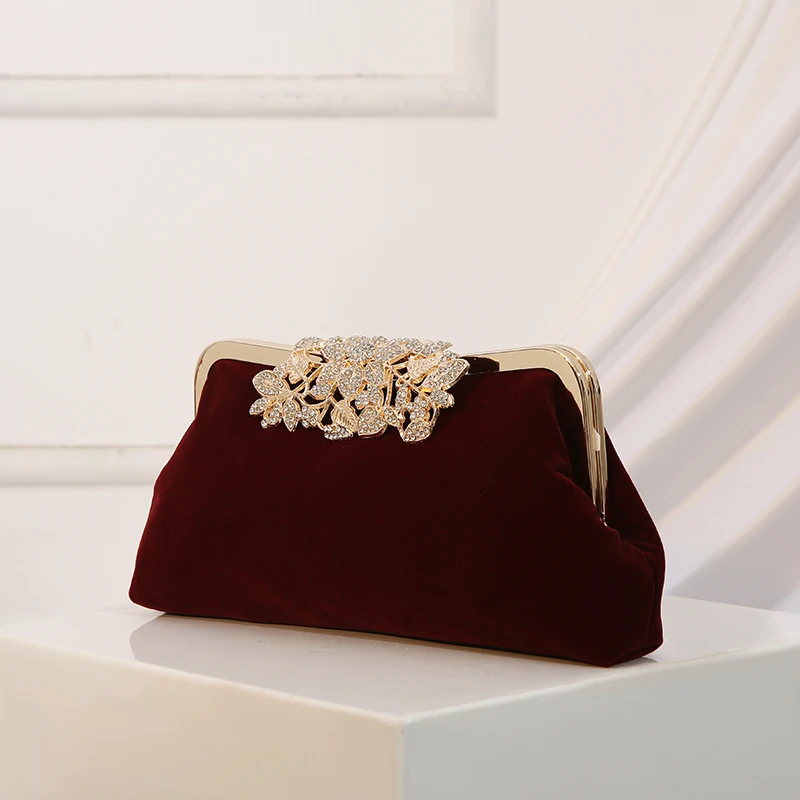 High-end Alloy Handbag, Rhinestone Velvet Evening Clutch, Dress and Cheongsam Bag with Pearl Chain