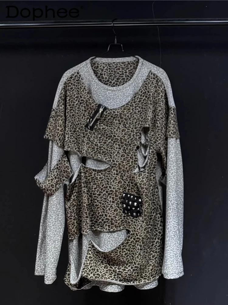 

Men's Women's Spring 2026 Round Neck Tops Fashion Leopard Print Splicing Hole Design Tees Trend Zipper Chic Long Sleeve T-shirts