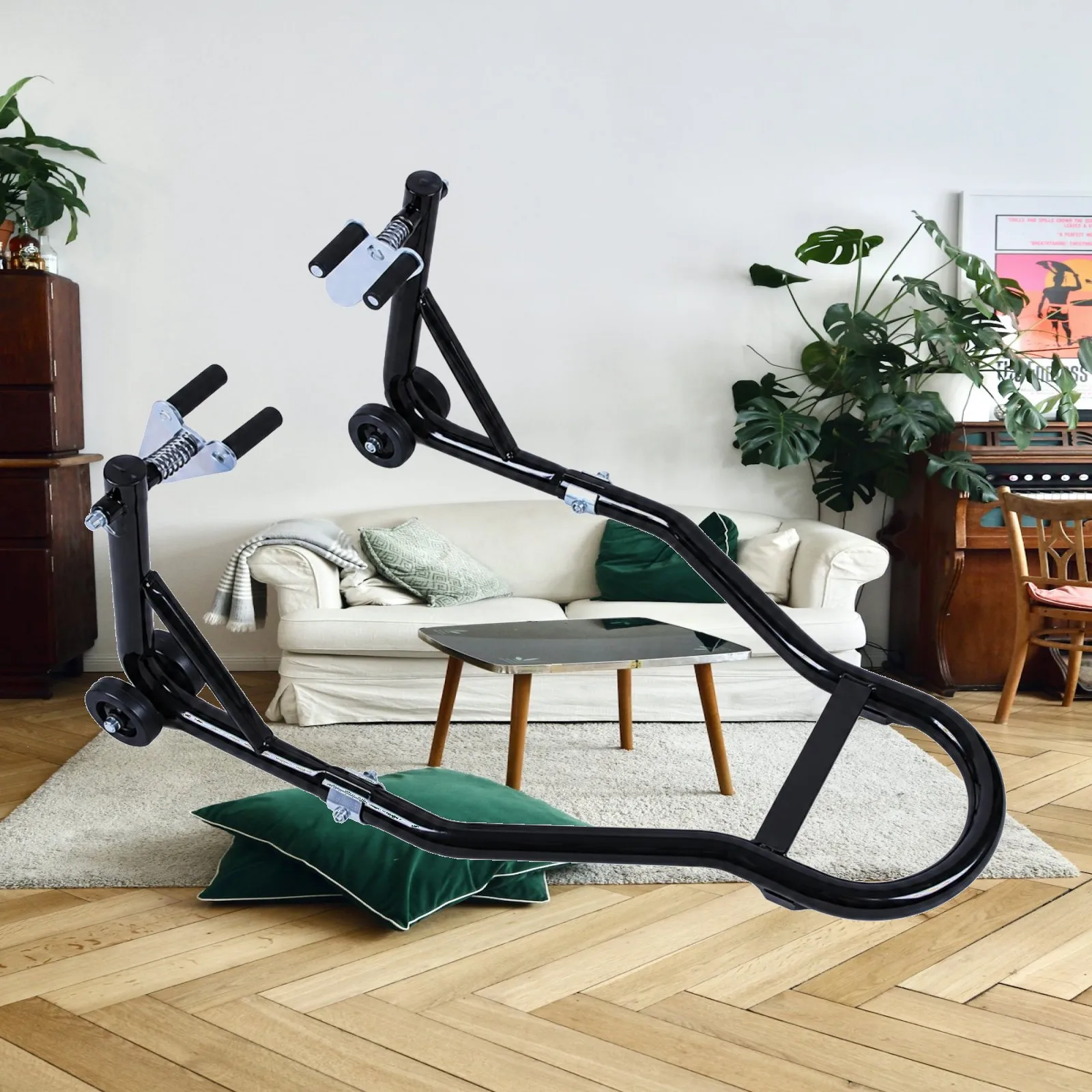 Motorcycle Front Wheel Cradle Stand with Braced Rods and Easy Glide Casters Carbon Steel for Home Garage Repair