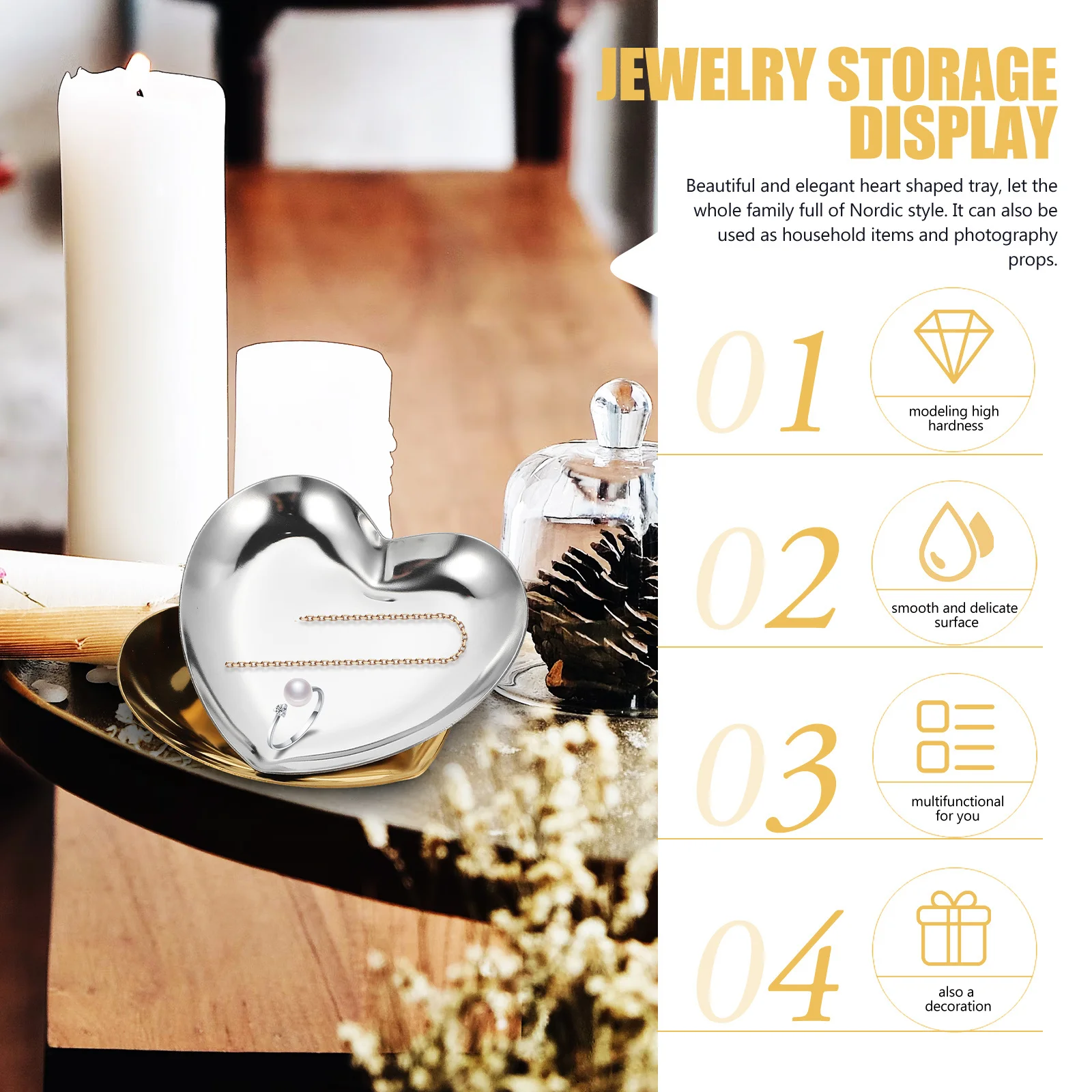 

2Pcs Stainless Steel Heart-Shaped Jewelry Tray Multifunctional Desktop Storage Organizer Ring Earring Holder Nordic Style