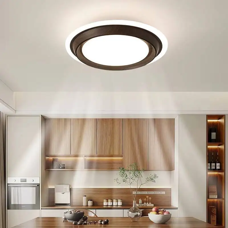 New Chinese Style Walnut Color Eye Protection Ultra-thin Seamless Square Lamps Retro Log Living Room Ceiling Lamp