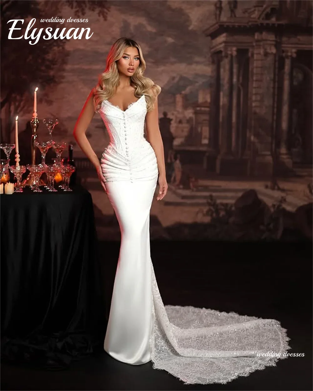 تخصيص مثير الخامس الرقبة الدانتيل زين غمد فساتين الزفاف قطار الاجتياح فيستدو دي Noival