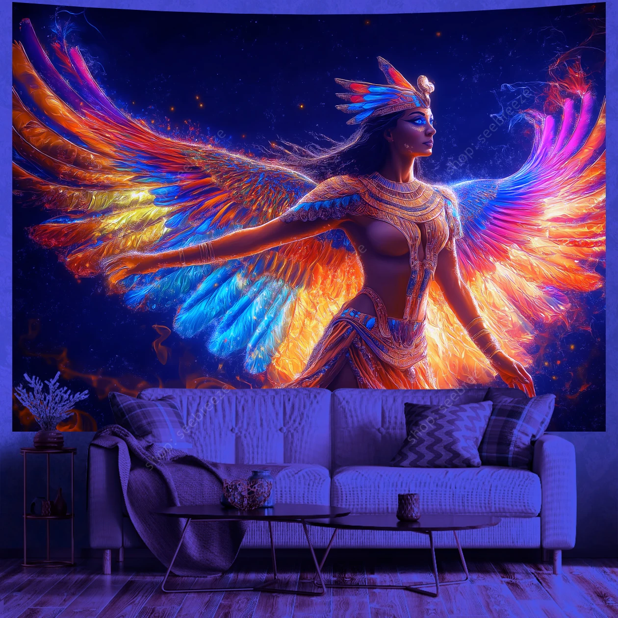 Tantra Egyptian Goddess UV Reactive Tapestry Wall Hanging Kawaii Room Decor Aesthetic Large Mandala Witchcraft Boho Tapestries