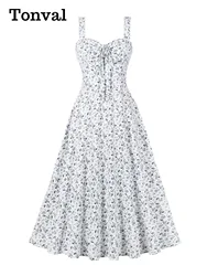 Tonval Vacation Women Long Dresses Sweetheart Neck Drawstring Tie Front Floral Print 2025 Summer High Waist Vintage Dress