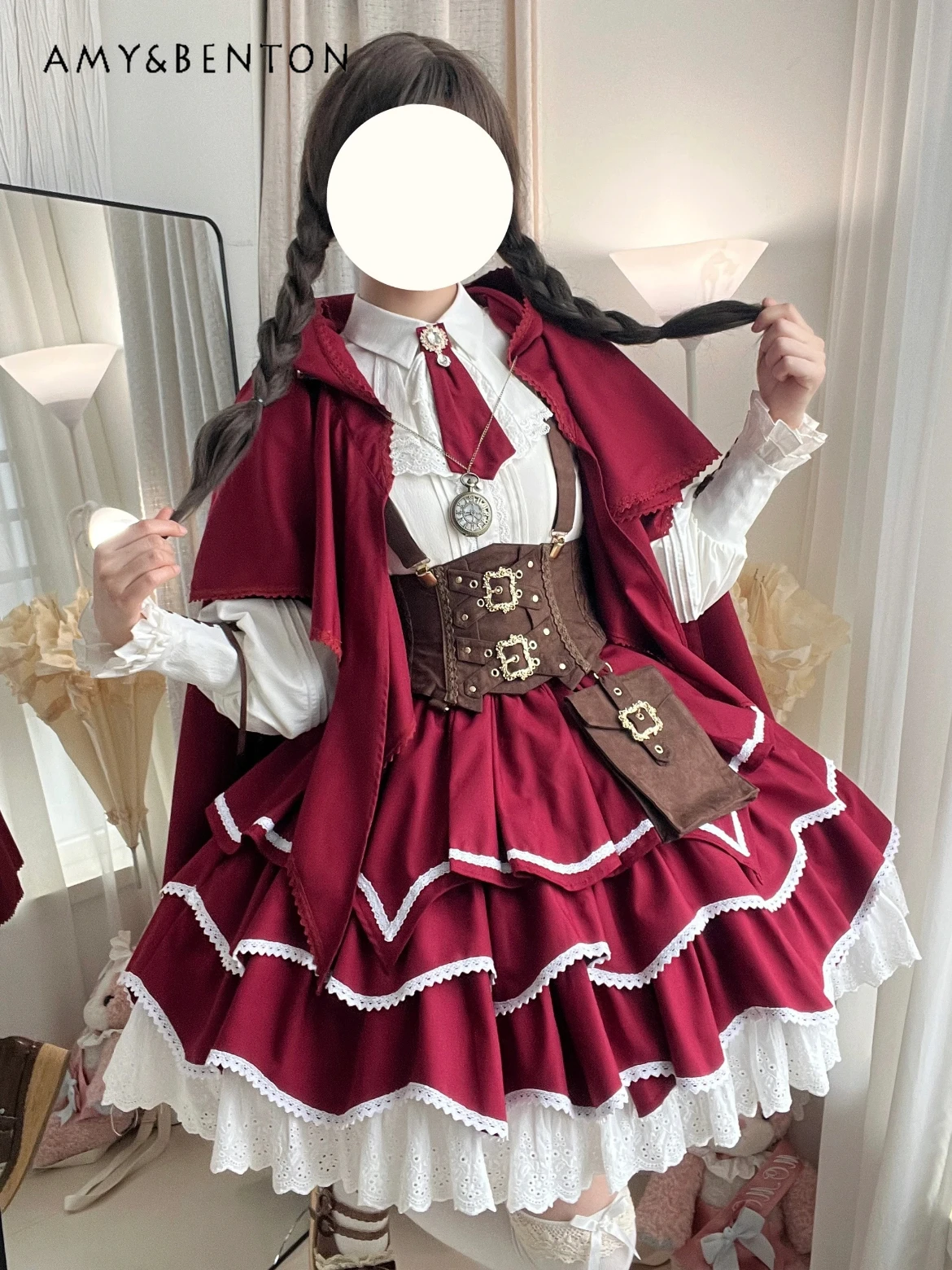 

Оригинальное рождественское платье принцессы в стиле Лолиты в стиле панк, новогодний наряд, милая накидка с капюшоном, рубашка с длинными рукавами, пышное платье на бретелях, наряды