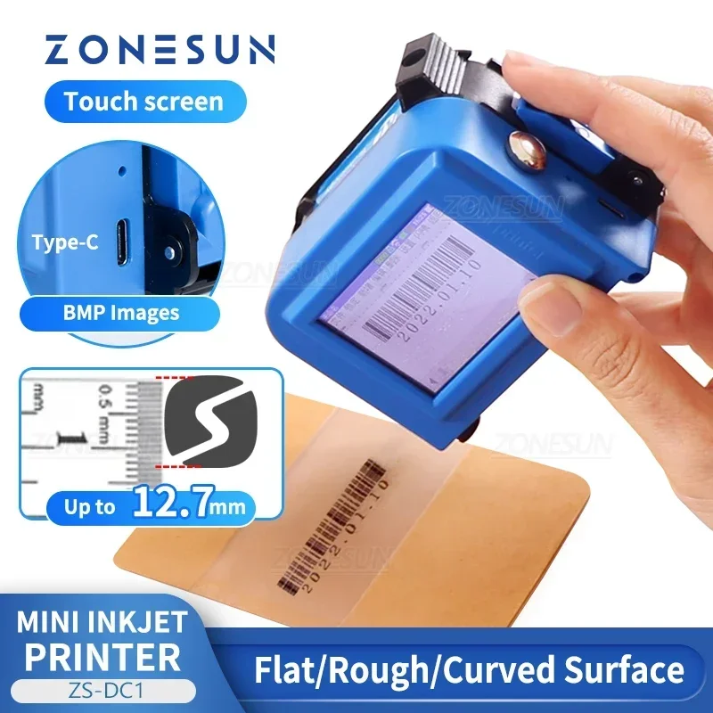 ZONESUN ZS-DC1 Handheld Inkjet Printer Portable Date Coding Machine 12.7mm QR Code Barcode Batch Serial Number Bottles Packaging