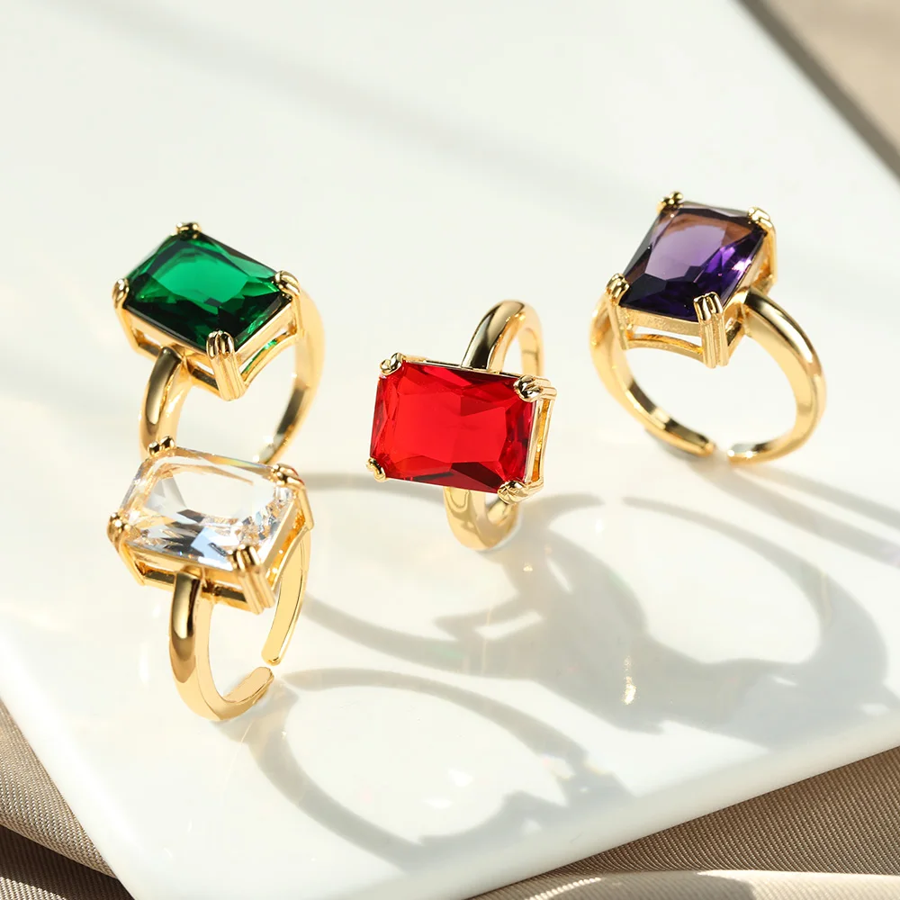 Big Red Zircon Square Stone Rings For Women Stainless Steel Square Stone Adjustable Gold Color Ring Aesthetic Punk Jewelry Gifts