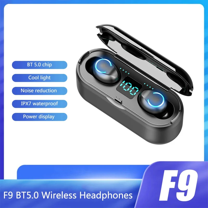 

F9 wireless earphone 5.0 headphones noise reduction control headset IPX7 waterproof 1200mAh charge box with mic